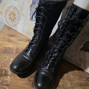 HushPuppies Women's Black Leather Lace-Up Combat Boots
